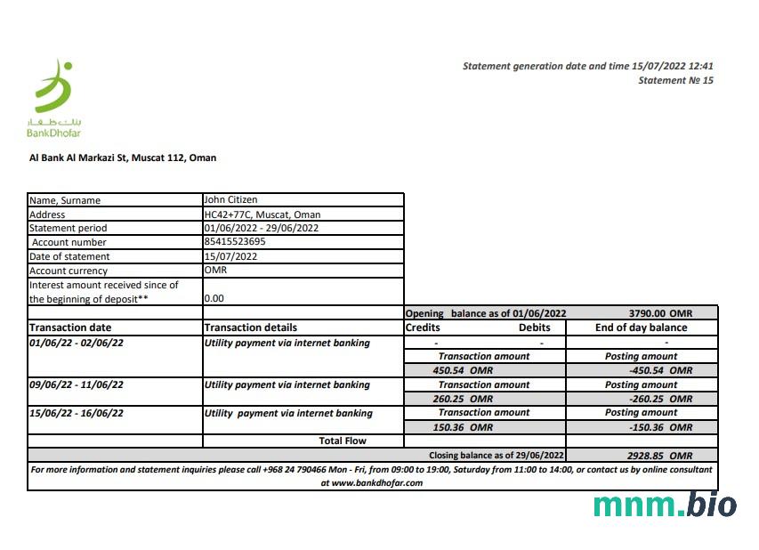 Szablon wyciągu bankowego Oman Bank Dhofar w formacie Word i PDF